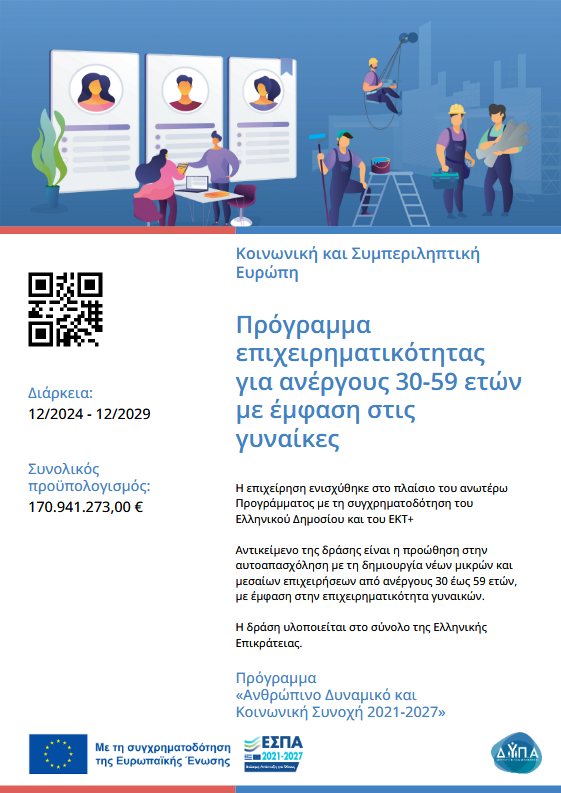 Συγχρηματοδότηση από την Ευρωπαϊκή Ένωση – Πρόγραμμα επιχειρηματικότητας για ανέργους 30-59 ετών με έμφαση στις γυναίκες (ΕΣΠΑ 2021-2027)